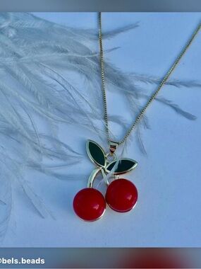 Gold Cherry Pendant Necklace with Red Enamel Fruit